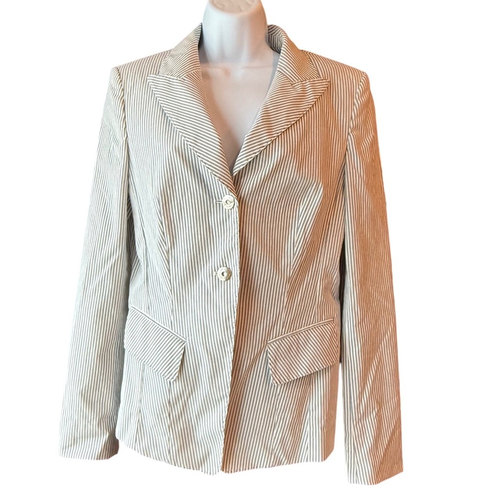 LAUREL Ticking Stripe Two Button Blazer Jacket Size 8 Blue Ivory Career Wear